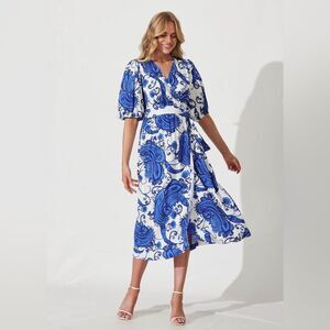 White Closet Elements Nomi Midi Wrap Dress In White Cobalt Print Linen Blend